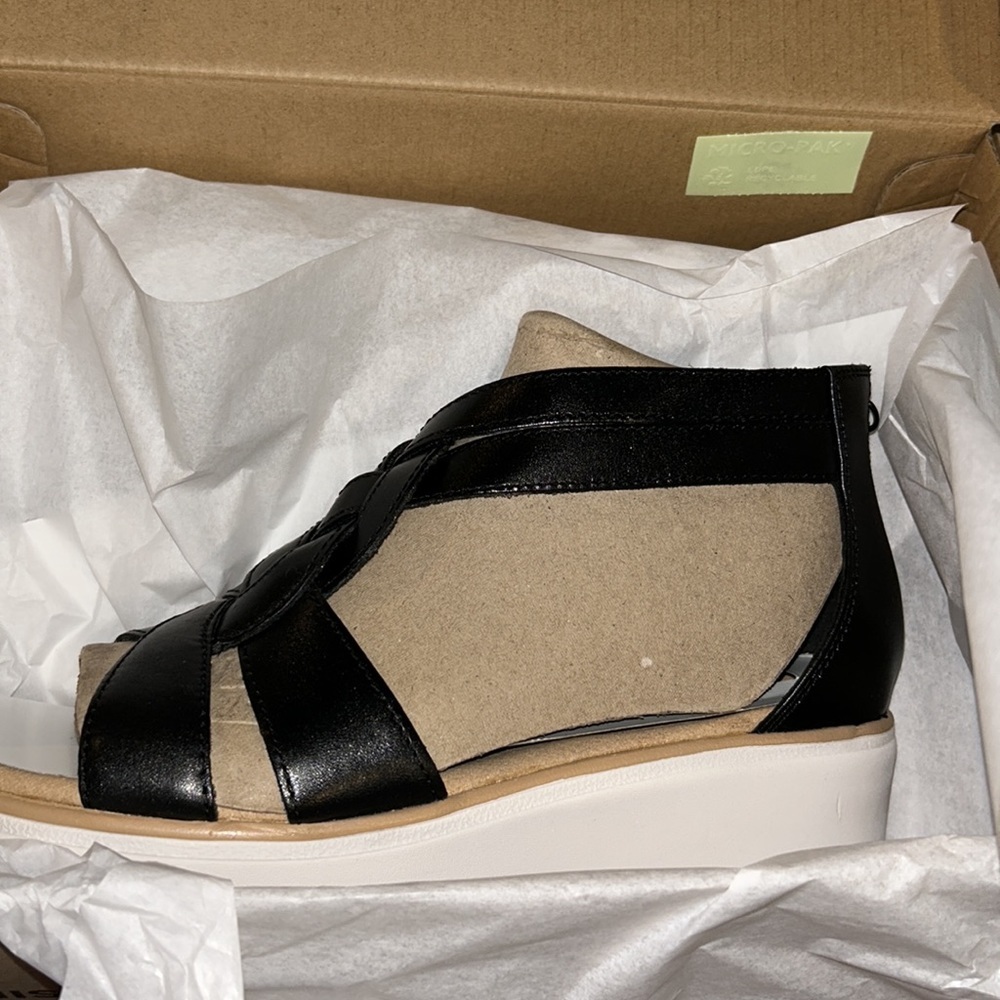 Clarks Black Leather Wedge Sandals - Picture 8 of 10